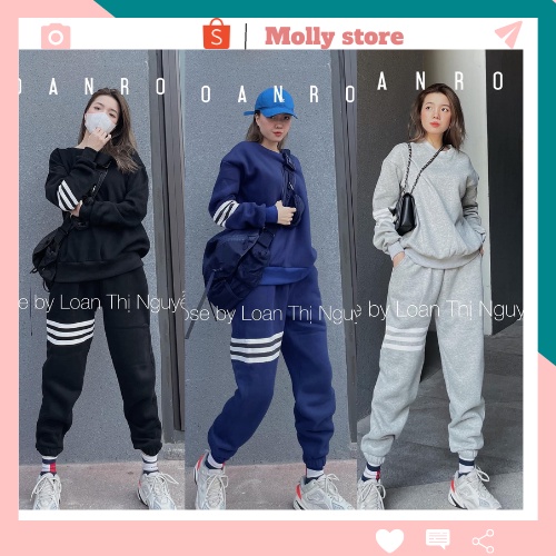 Bộ thể thao nữ phối sọc, bộ nỉ sọc cổ tròn 3 màu chuẩn ảnh Mollystore