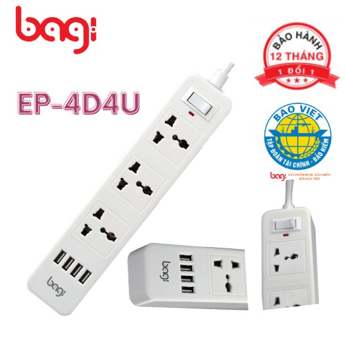 Ổ điện đa năng Bagi kéo dài EP-4D4U 3 ổ điện, 4 cổng USB (5V - 2.1A)