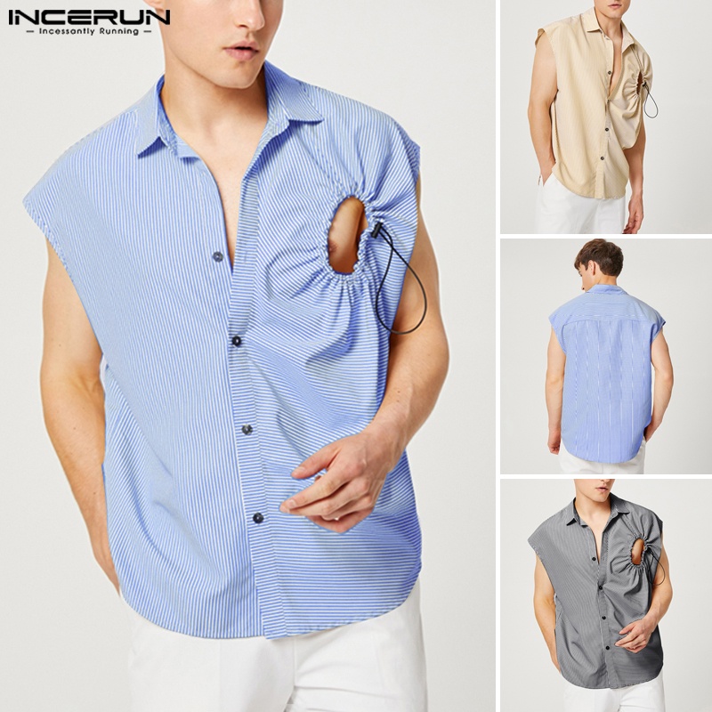 INCERUN Áo Sơ Mi Không Tay Họa Tiết Kẻ Sọc Thời Trang Mùa Hè Cho Nam