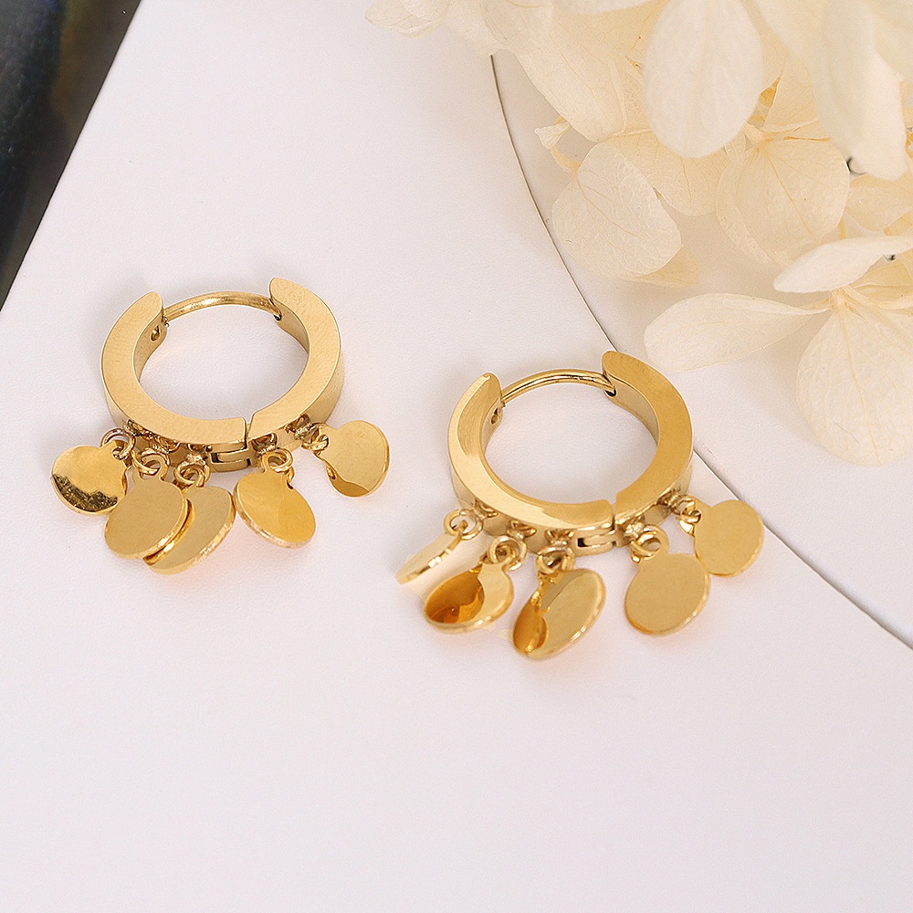 Bông tai thép titan mạ vàng 18K hình đĩa tròn đơn giản phong cách Hàn Quốc