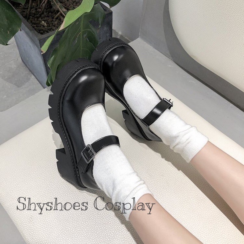 🍁 Giày búp bê lolita cosplay đế cao quai dán Màu kem, Đen bóng & nhám  M2022-2