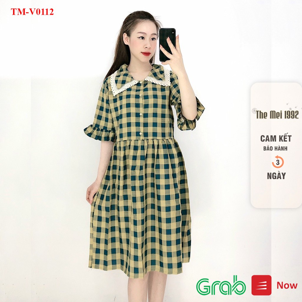 Váy suông nữ The Mei 1992 -  Đầm bầu nữ chất cotton cao cấp kẻ caro tay lửng dáng dài đính cúc siêu xinh