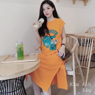 Đầm suông nữ from rộng cotton mịn mát - Váy suông cánh dơi cổ tròn họa tiết cá sấu xinh xắn - Đầm bầu mặc thoải mái