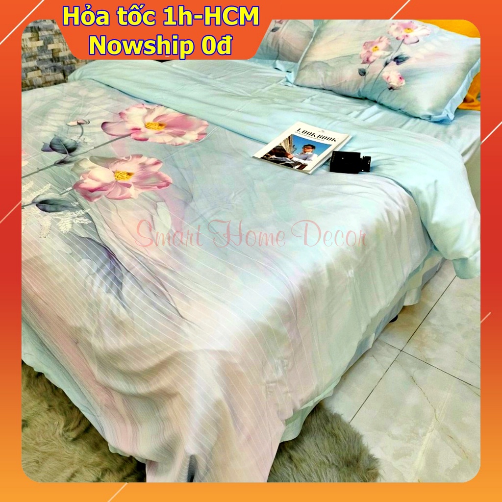 Bộ chăn ga lụa lạnh 100%Tencel 100s, Hoa mẫu đơn, Siêu mềm mát mịn, giá tốt nhất thị trường