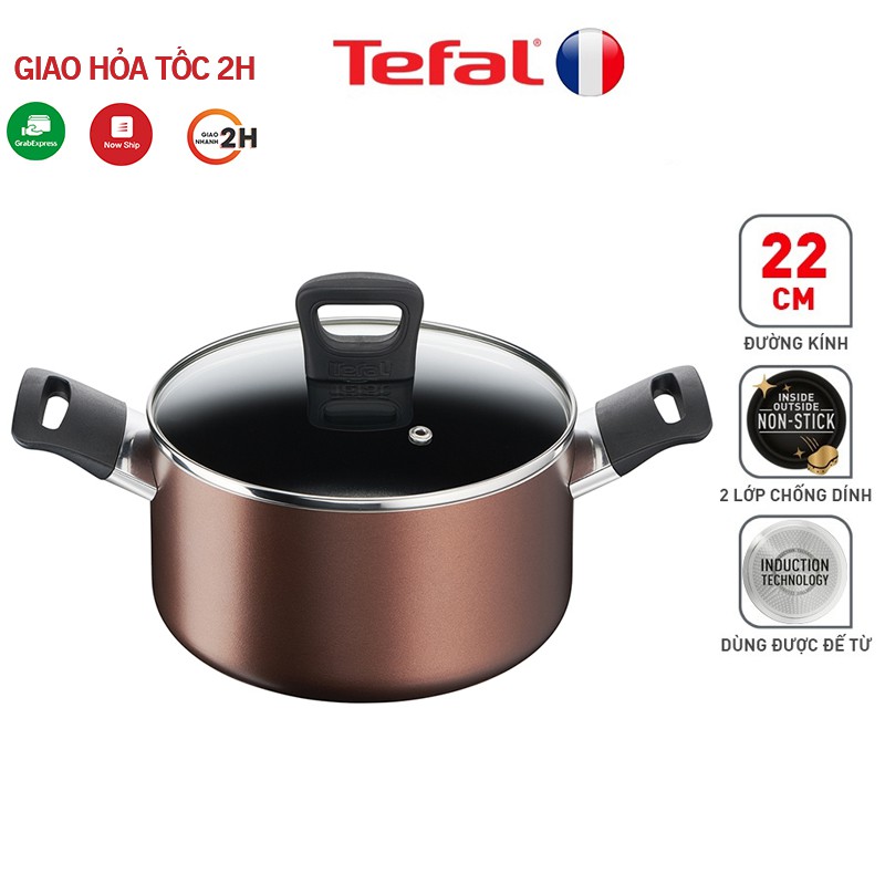 Nồi thân cao đế từ Tefal Day By Day G1436105 chống dính 2 mặt, tay cầm chống nóng, vung kính thủy tinh dễ quan sát