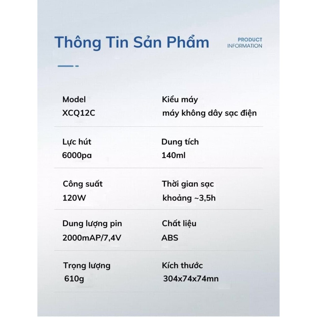 Máy hút bụi giường, nệm, oto đa năng không dây mini cầm tay derma XCQ12C, với công suất lớn 120W hút được nhiều loại bụi