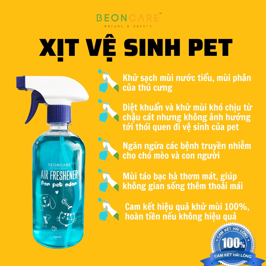 Xịt khử mùi nước tiểu, khử mùi chậu cát chó mèo Beoncare giúp khử tận gốc mùi hôi khai, hỗ trợ pet đi vệ sinh đúng chỗ