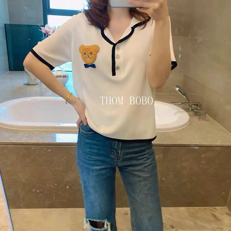 [L2M] Áo len nữ Montoghi dệt kim Quảng Châu cổ bẻ thêu hình GẤU nổi đính kèm NƠ xinh xắn thanh lịch và dễ thương