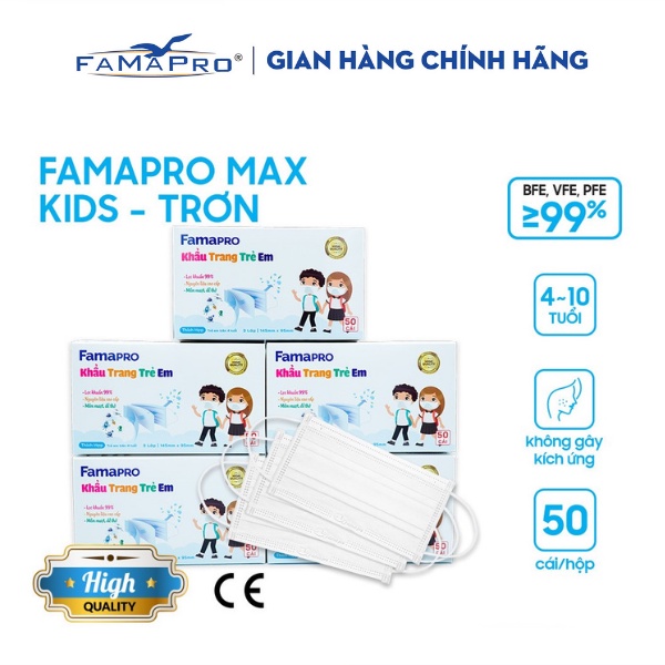 [HỘP-50 CÁI-QUAI THUN] COMBO 5 HỘP Khẩu trang y tế trẻ em kháng khuẩn 3 lớp Famapro max kid