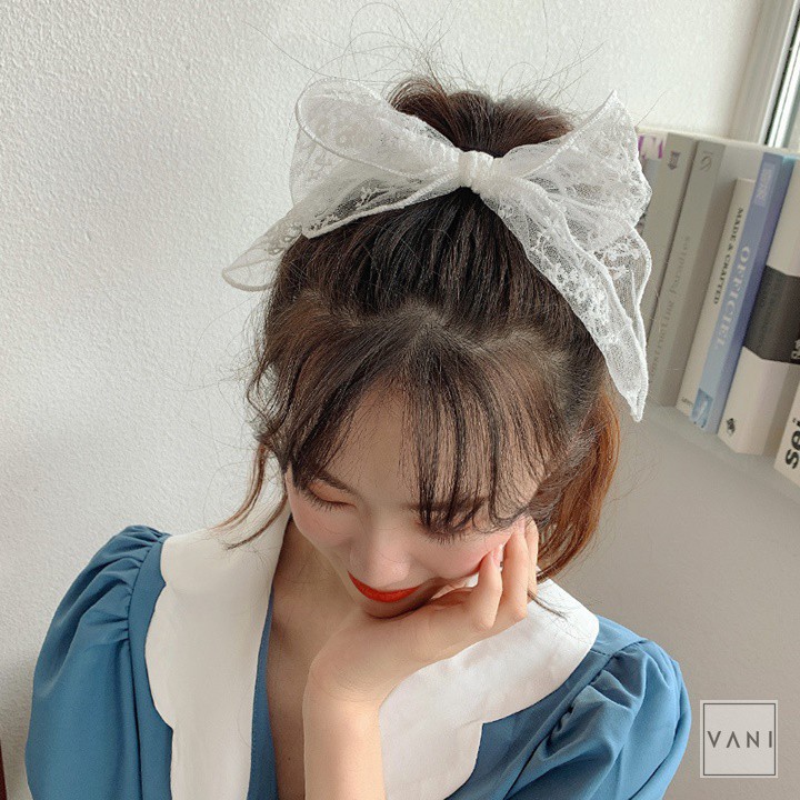 Cột Tóc Vòng Thun Đính Nơ Lớn Vải Lưới Thêu Ren Mỏng Nữ Tính Tiểu Thư - Vani Store [PKT00156]
