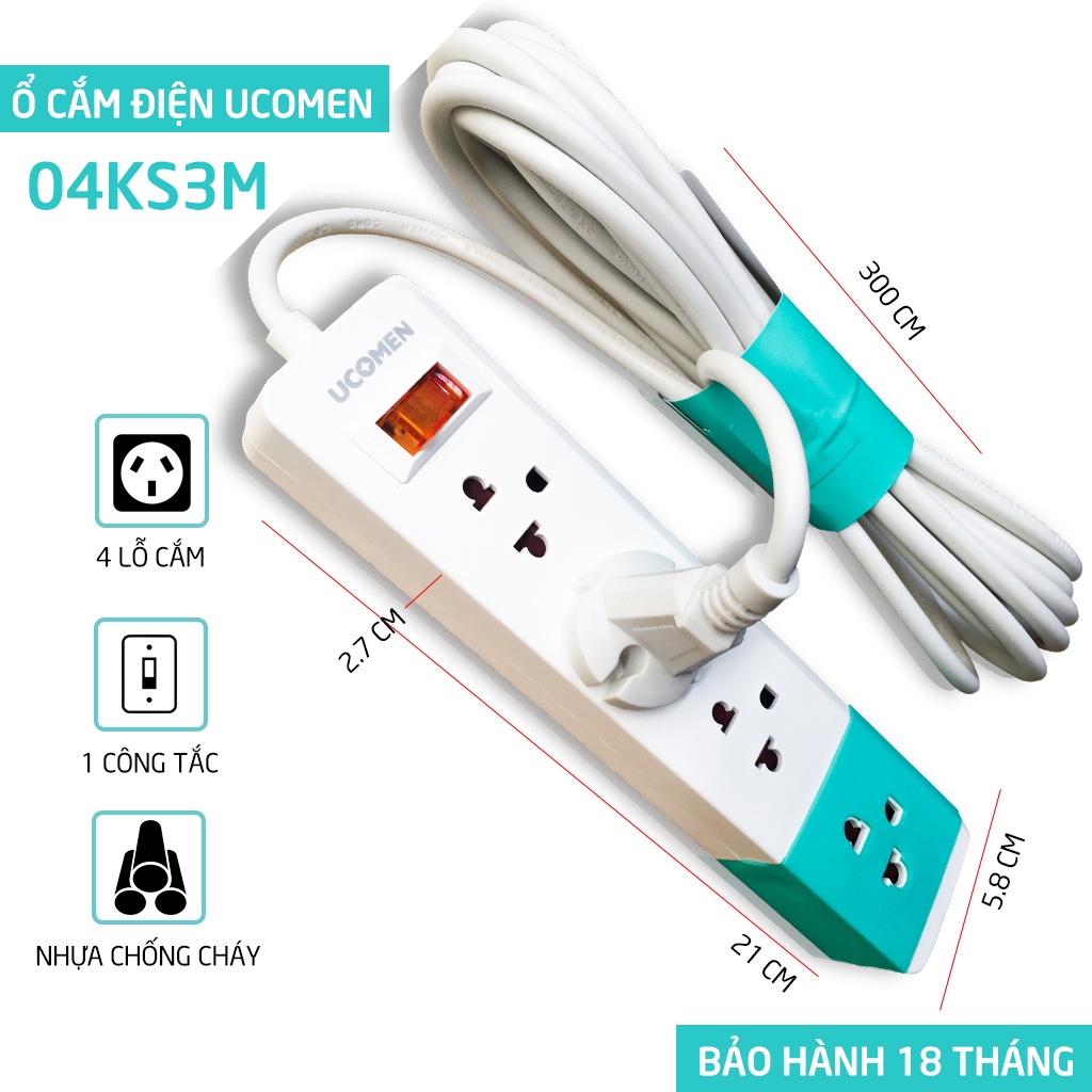 Ổ cắm điện đa năng Ucomen 4 lỗ thông dụng cao cấp 3M