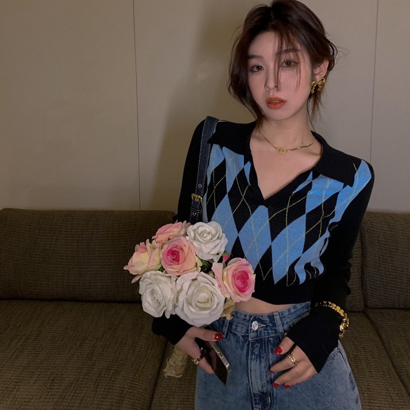 DUNEA Áo croptop dệt kim tay dài kẻ sọc thiết kế mới thời trang theo phong cách hàn quốc