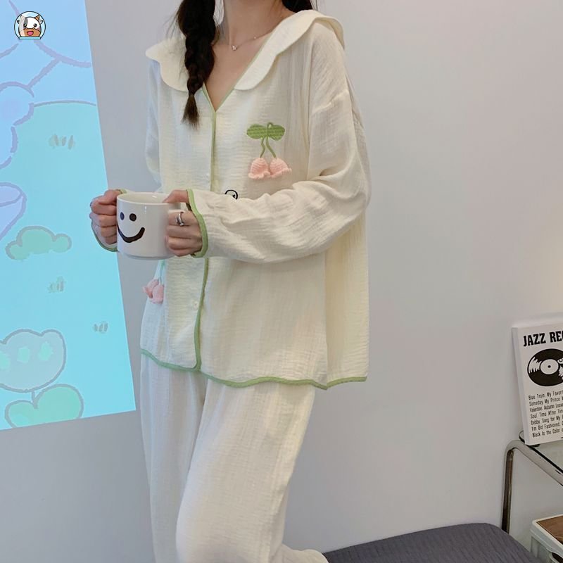 Bộ Đồ Ngủ Hai Mảnh Tay Dài Thêu Hoa Thời Trang Xuân Thu Hàn Quốc Mới