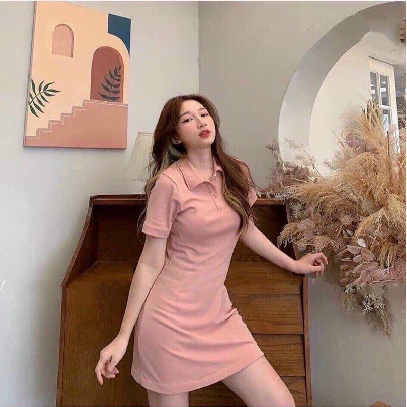 Đầm body cổ polo trơn 2 màu đen hồng thun porip co dãn