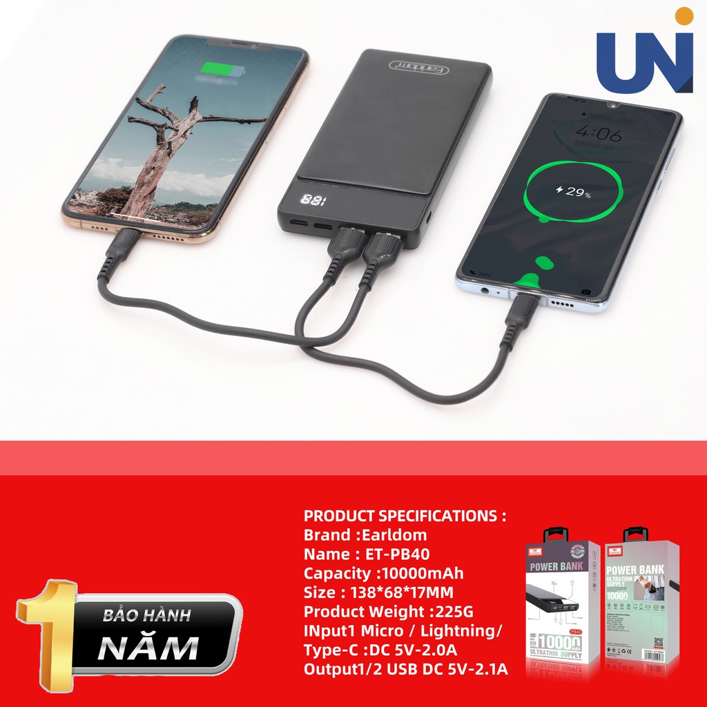 Pin Sạc Dự Phòng Earldom Dung Lượng 10.000mAh AH-40 (2 cổng USB, 1 TypeC, 1 Lightning) nhỏ gọn tiện lợi | BigBuy360 - bigbuy360.vn