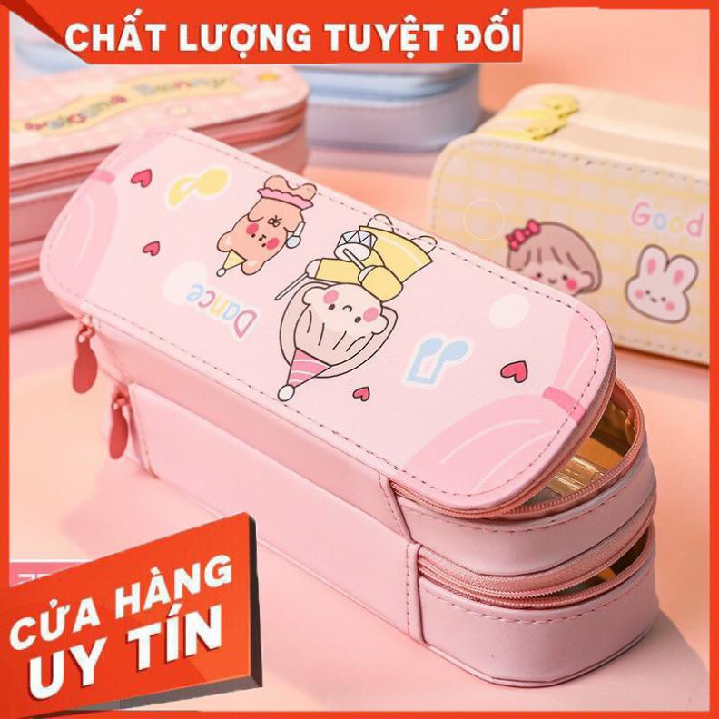 Hộp bút da PU nhiều ngăn hình thú, bóp viết 2 tầng cỡ to chống nước màu pastel cho bé gái