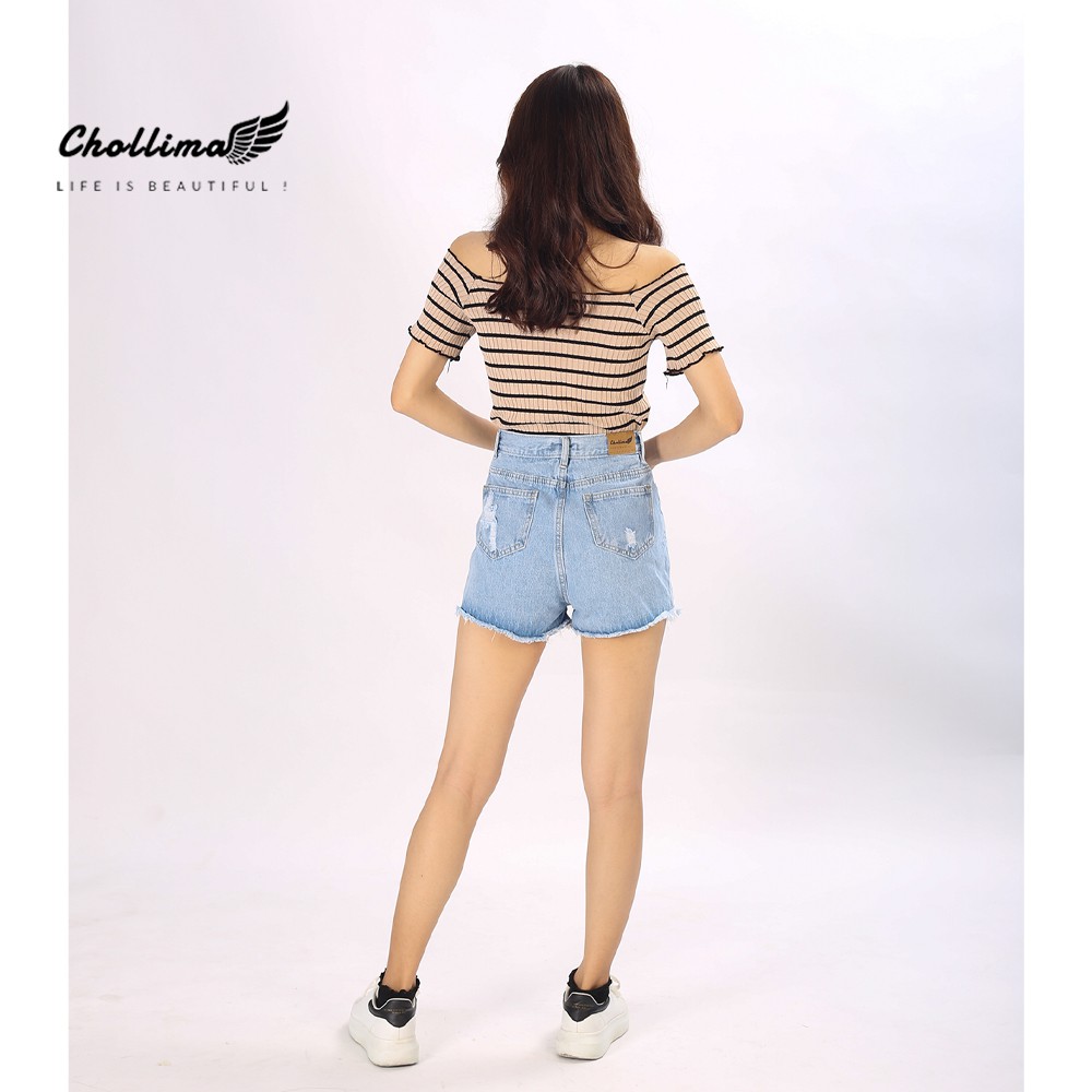 Quần short jeans nữ Chollima tua lai QS011 – quần sọc jeans nữ ulzzang phong cách hàn quốc