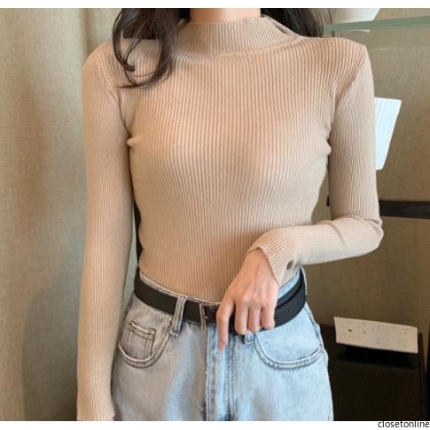 Áo dệt kim áo cổ cao màu trơn chất vải co giãn thời trang mùa đông cho nữ
