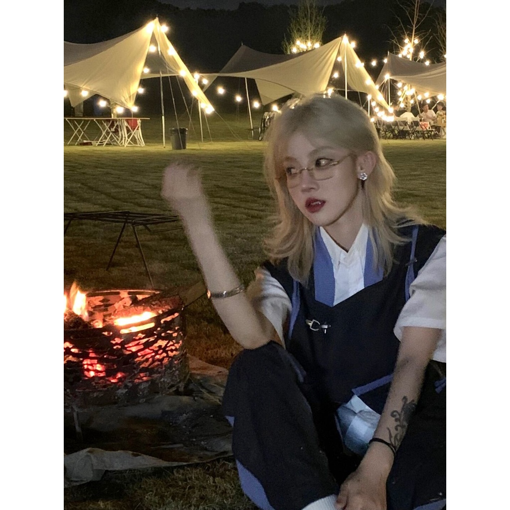 Three-piece suit/single Japanese style aircraft buckle vest short-sleeved shirt stitching casual pants summer suit women's eBtF