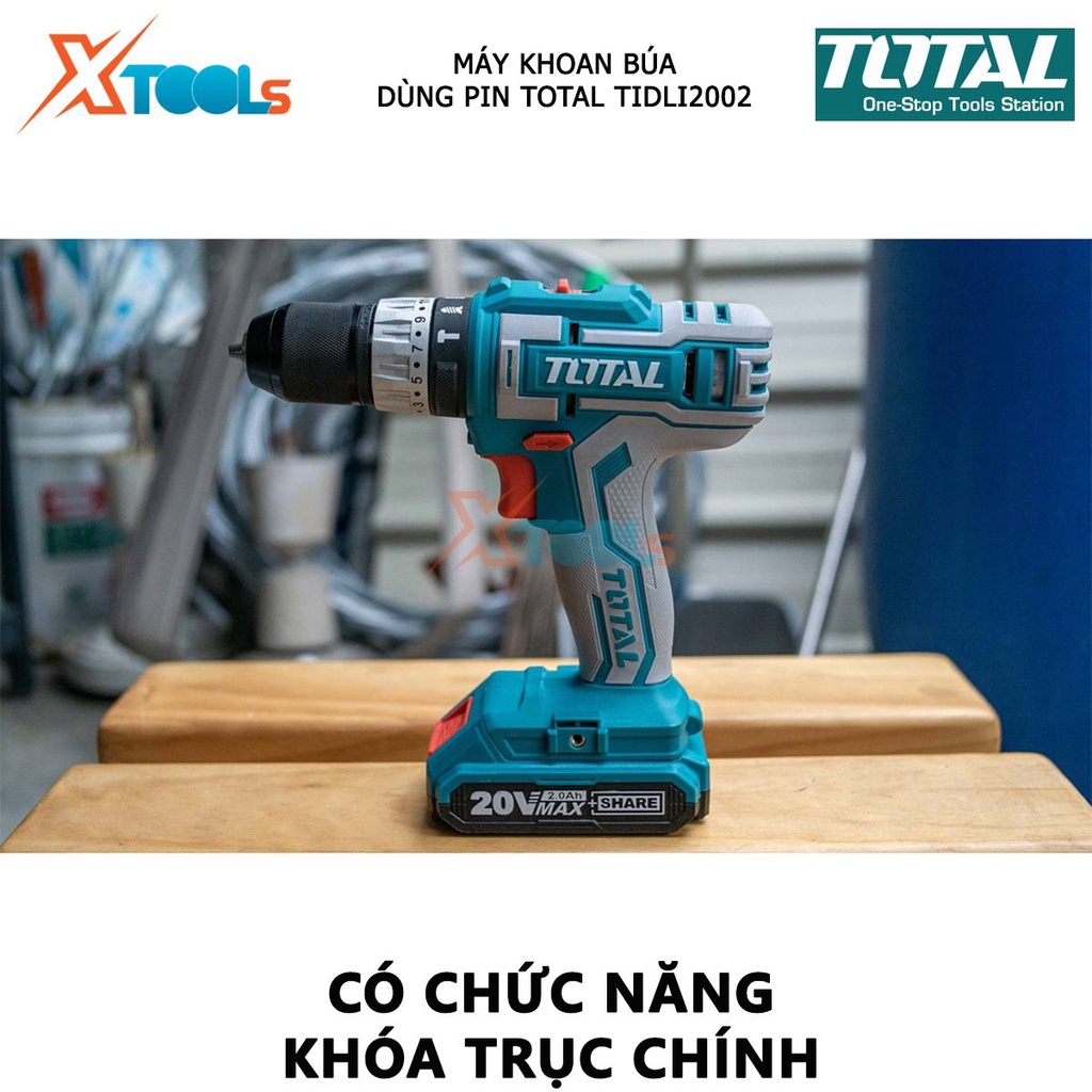 Máy khoan bê tông dùng pin 20V TOTAL TIDLI2002 nhông hai tốc độ, khả năng khoan 0.85- 10mm, đầu khoan khóa tự động, nhôn