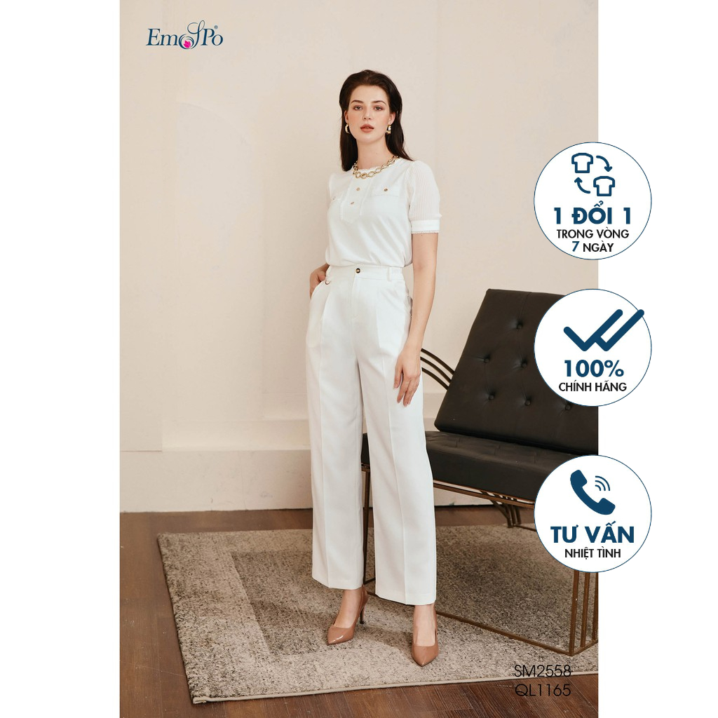 Quần suông, phối cạp chun hai bên hông, phối mặt kim loại Emspo QL1165 (Trắng, Vàng)