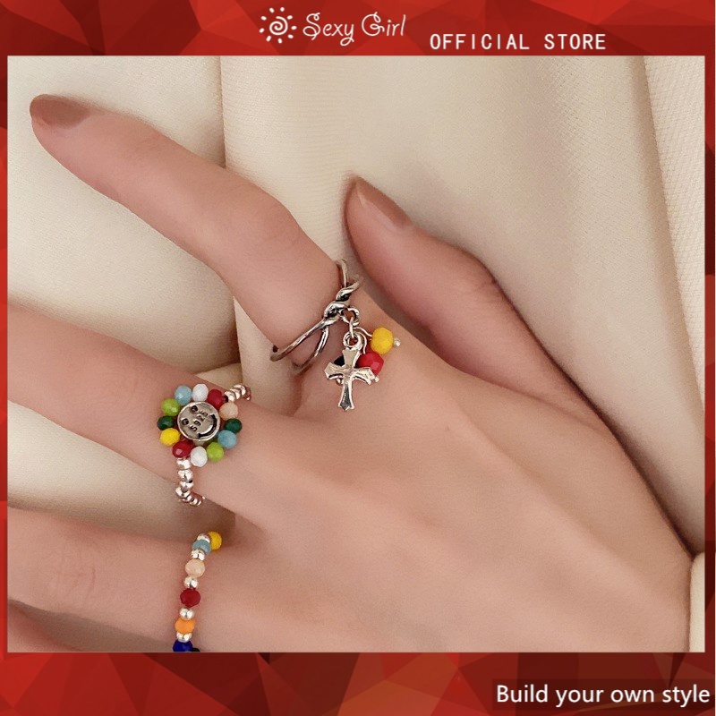 Nhẫn Co Giãn Đính Hạt Màu Cầu Vồng/ Mặt Cười Dễ Thương Phong Cách Hàn Quốc Thời Trang Cho Nữ