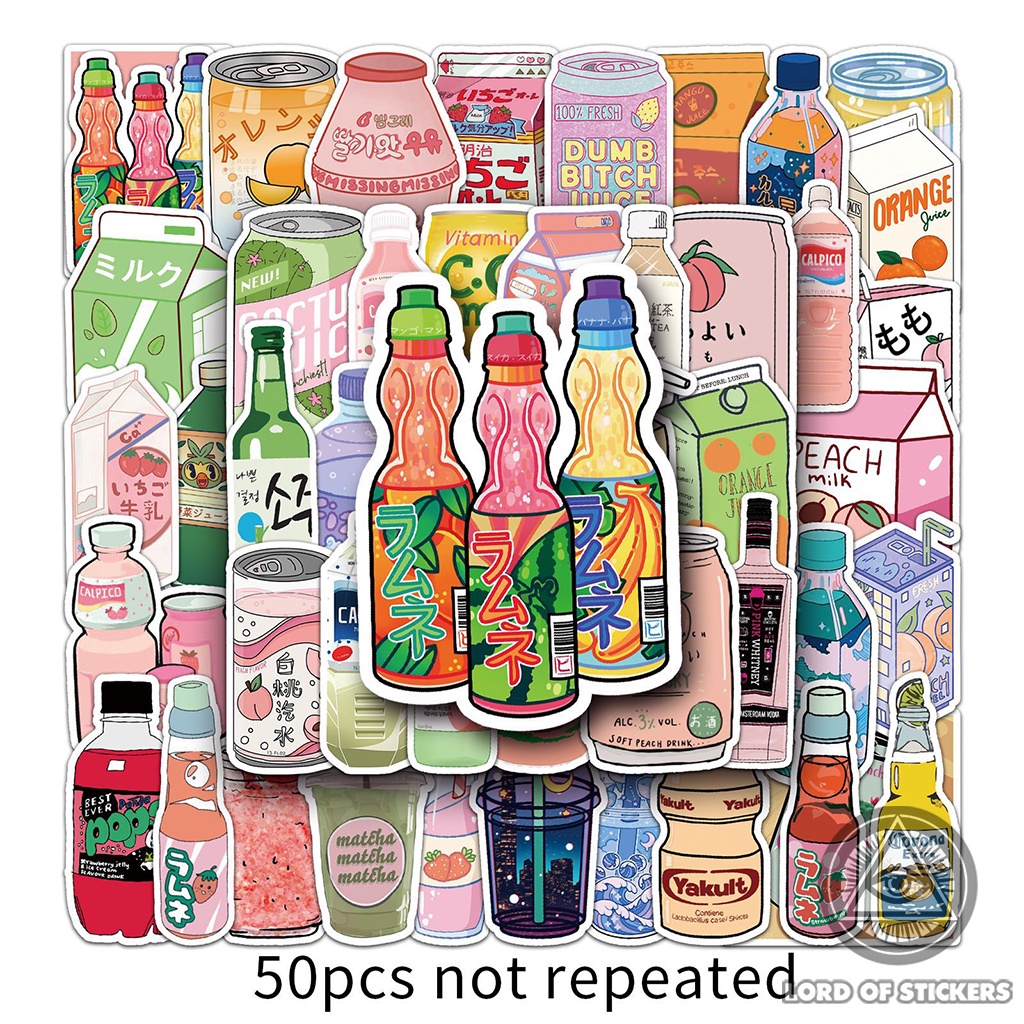 Set 50 Hình Dán Dễ Thương Phong Cách Nhật Bản Soft Drink Sticker Cute Chống Thấm Nước Trang Trí Mũ Bảo Hiểm, Laptop, Sổ