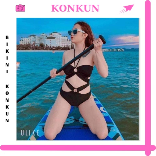 Đồ bơi bikini nữ 2 mảnh màu trắng, đen phối khoen cá tính KONKUN MS37
