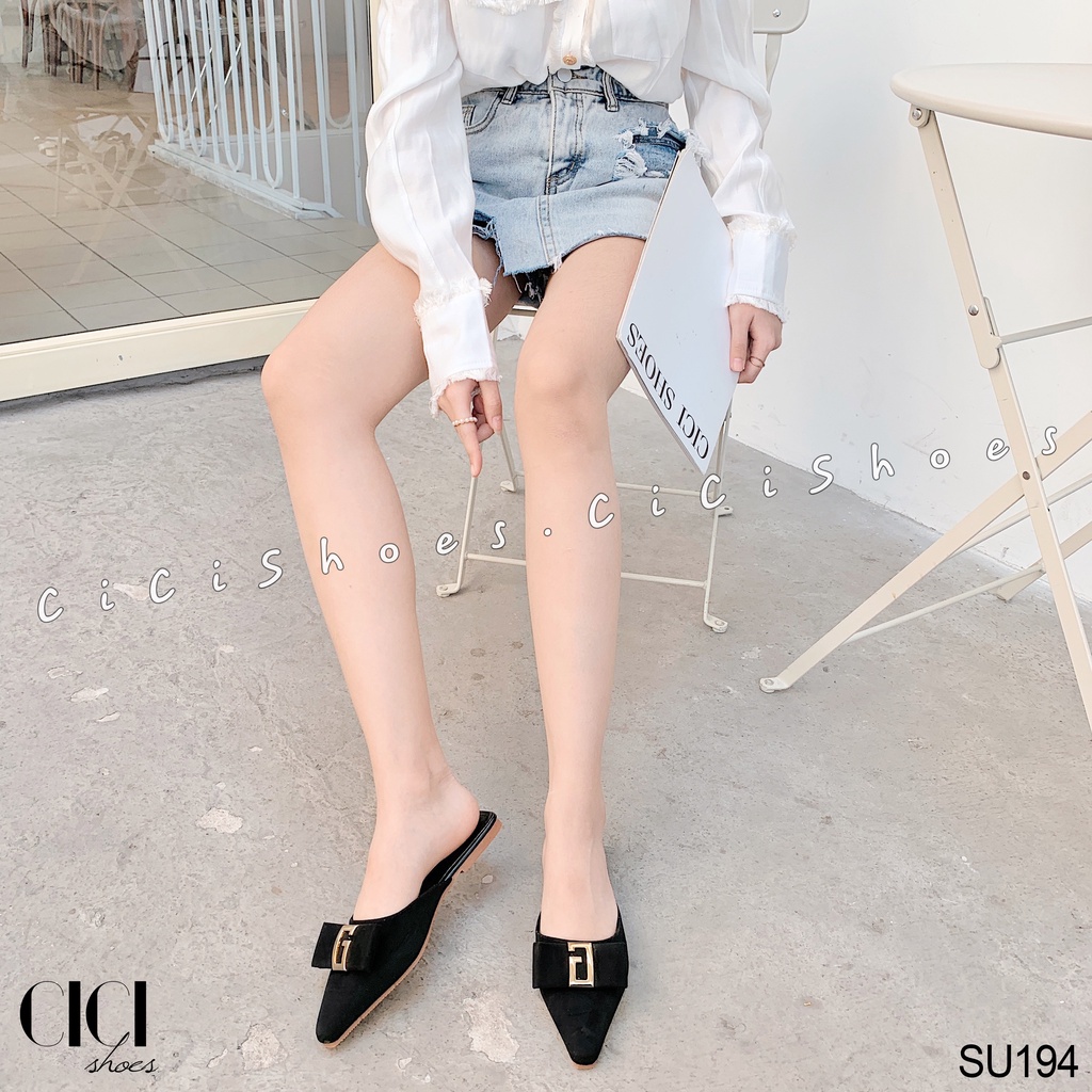 Giày sục nữ CiCi Shoes, dép sục mũi thon nơ ngang chữ G đồng - SU194