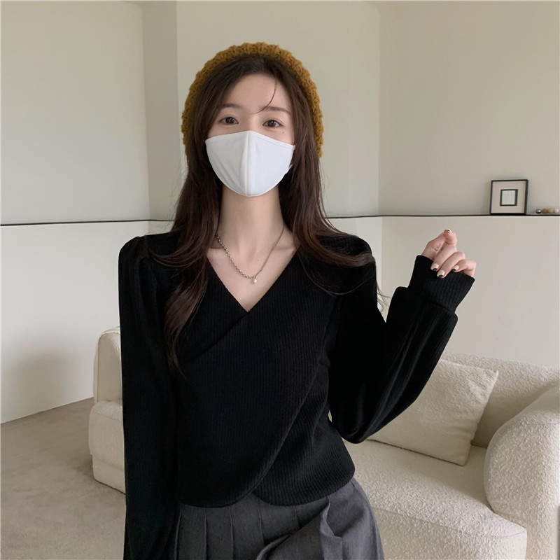 Áo Thun Lửng Tay Dài Cổ V Màu Nâu Phong Cách Retro Dành Cho Nữ