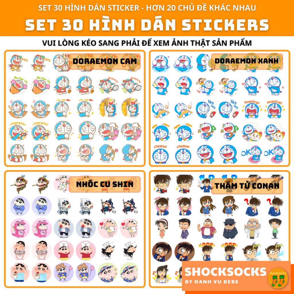 🔥30 HÌNH DÁN STICKER dạng tròn – hình CU SHIN/ DORAEMON/HELLO KITTY/CONAN 🔥