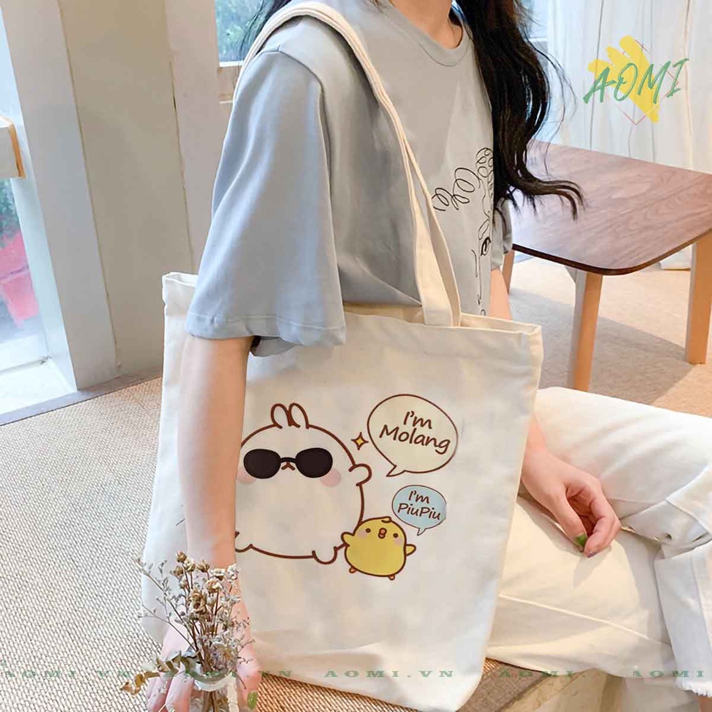 TOTE CANVAS friend molang TÚI VẢI ĐEO VAI BAG CÓ KHÓA KÉO SIZE LỚN 33x38cm AOMIVN DU LỊCH DẠO PHỐ