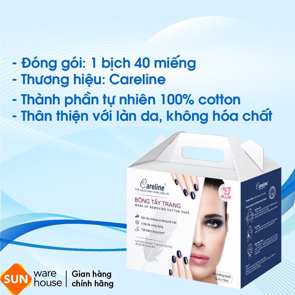 Bông Tẩy Trang CARELINE Cotton Mịn Dai, An Toàn Cho Da 40 Miếng