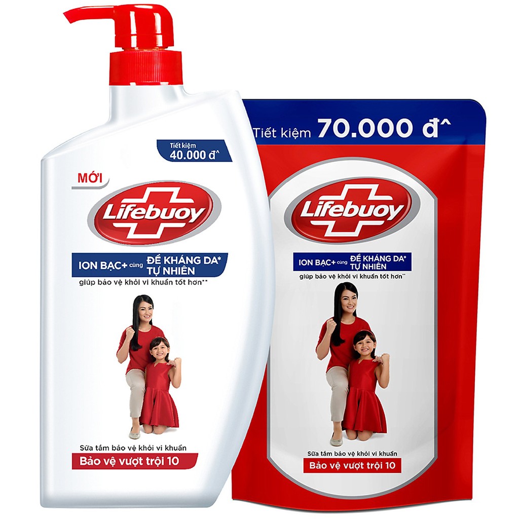 Combo Sữa Tắm Sạch Khuẩn Lifebuoy Bảo Vệ Vượt Trội 10 - Chai 850G &amp; Túi 850G