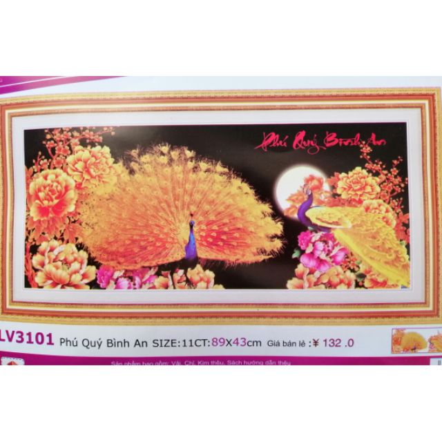 Tranh thêu chữ thập Chim công Phú quý bình an LV3101