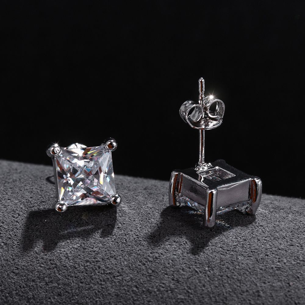 Bông tai đính đá zircon trắng mặt vuông phong cách thời thời trang cho nam nữ