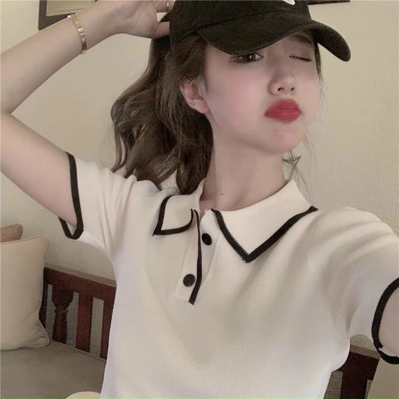 Áo len cộc tay cổ bẻ polo pha viền dáng ngắn