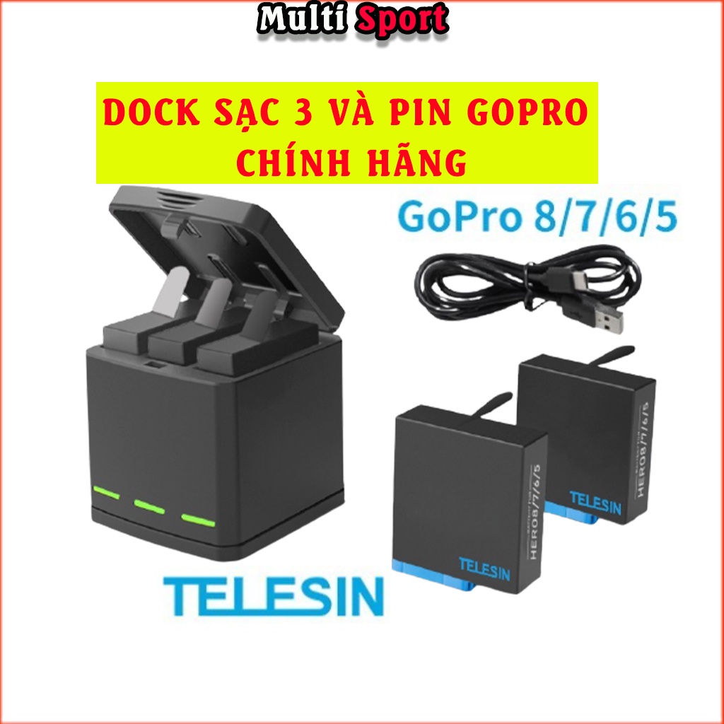 Sạc pin gopro và Pin gopro 7 8 6, phụ kiện gopro chính hãng Telesin