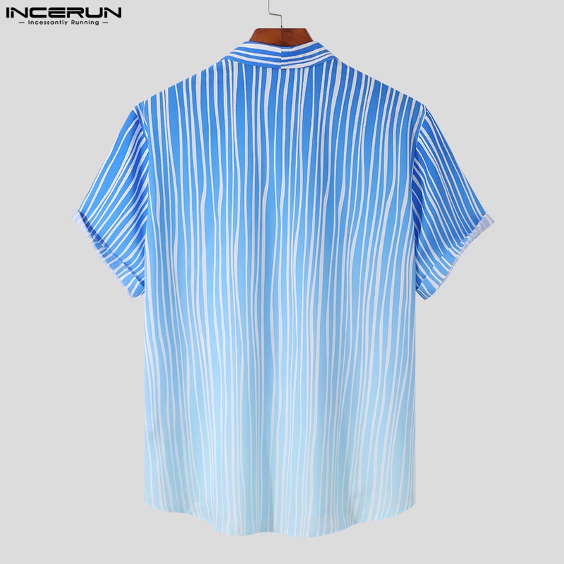 Áo sơ mi INCERUN tay ngắn dáng rộng họa tiết kẻ sọc màu xanh gradient thời trang cho nam
