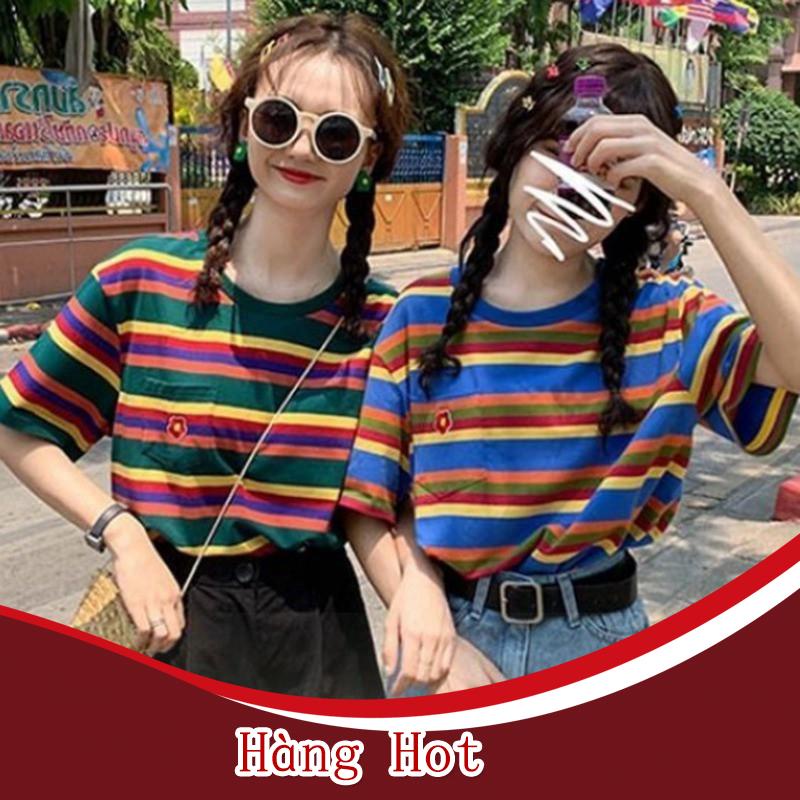 Áo thun ngắn tay cổ tròn sọc cầu vồng cho nữ