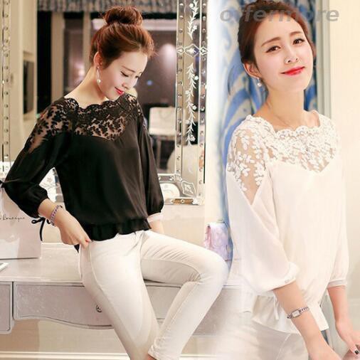 Áo Kiểu Chất Chiffon Tay Dài Phối Ren Hoa Thiết Kế Thanh Lịch áo rút áo tiểu thư áo bigsize sơmi nữ áo sơmi nữ áo lụa
