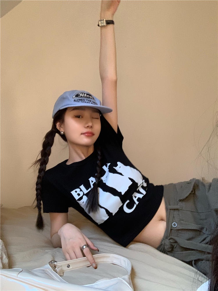 Áo Thun Lửng Tay Ngắn Dáng Ôm In Hình Mèo Dễ Thương Cho Nữ 50765