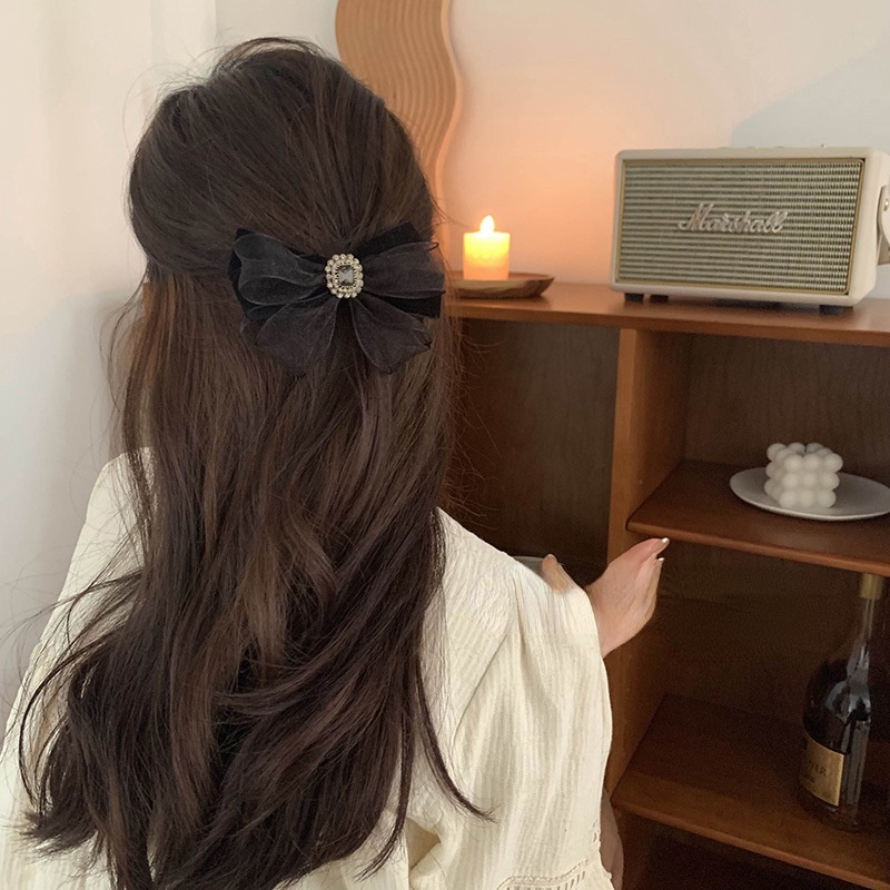 Kẹp Tóc Hình Nơ Lưng Đính Đá Phối Lưới Đơn Giản Xinh Xắn Dành Cho Nữ