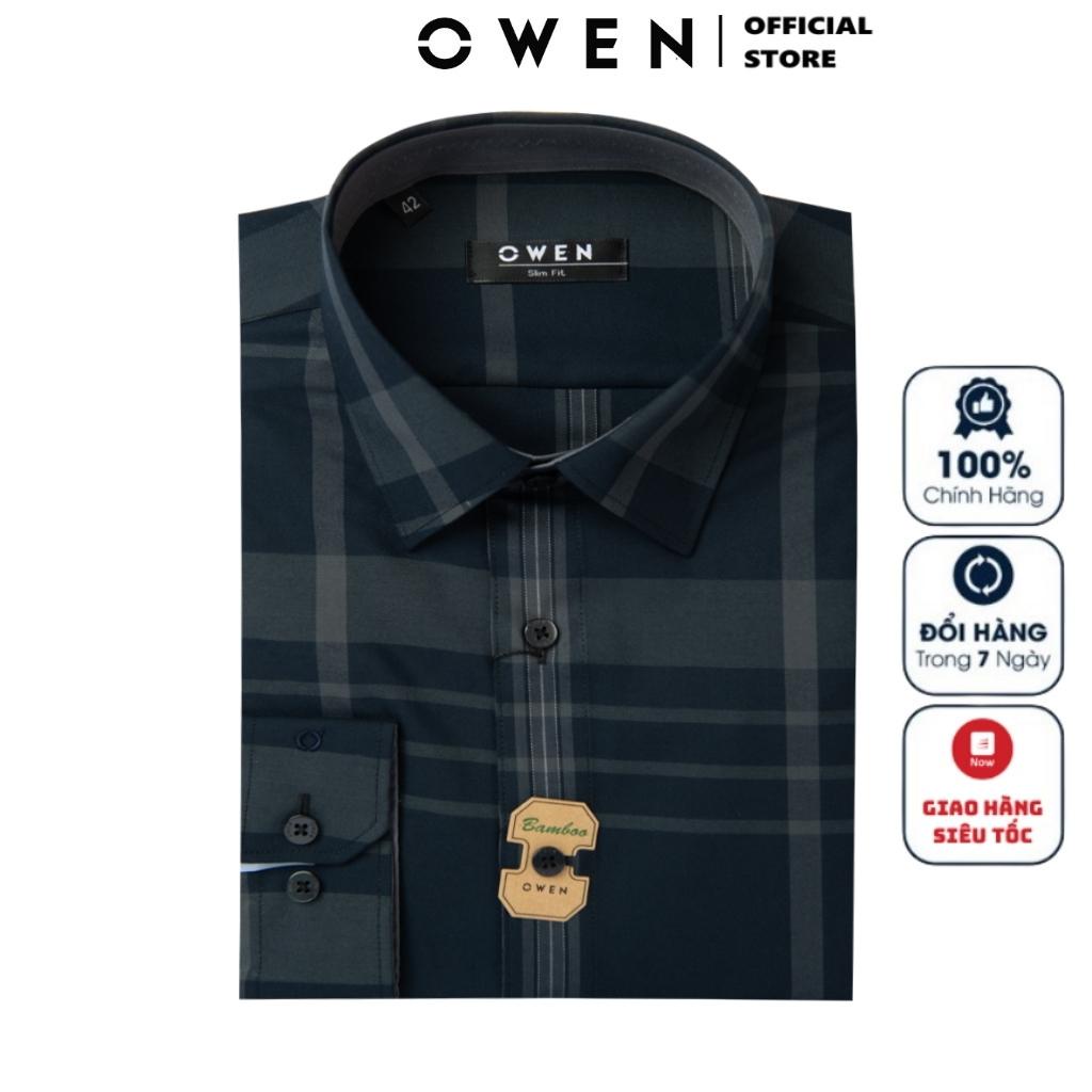 Áo Sơ Mi Nam Dài Tay OWEN AS220944D Somi Công Sở Vải Sợi Tre Cao Cấp Kẻ caro lớn ghi đen Dáng Slim Fit Tà Lượn Không Túi