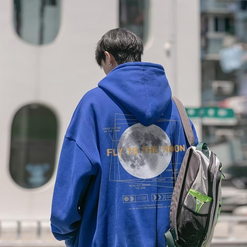 [M-5XL] Áo Khoác Hoodie Dáng Rộng Màu Xanh Dương In Hình Mặt Trăng Phong Cách Mới Xuân Thu Cho Nam