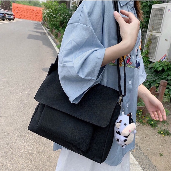 Túi đeo chéo bằng vải canvas dày dặn thân thiện môi trường cỡ lớn thời trang phong cách Retro HKM62