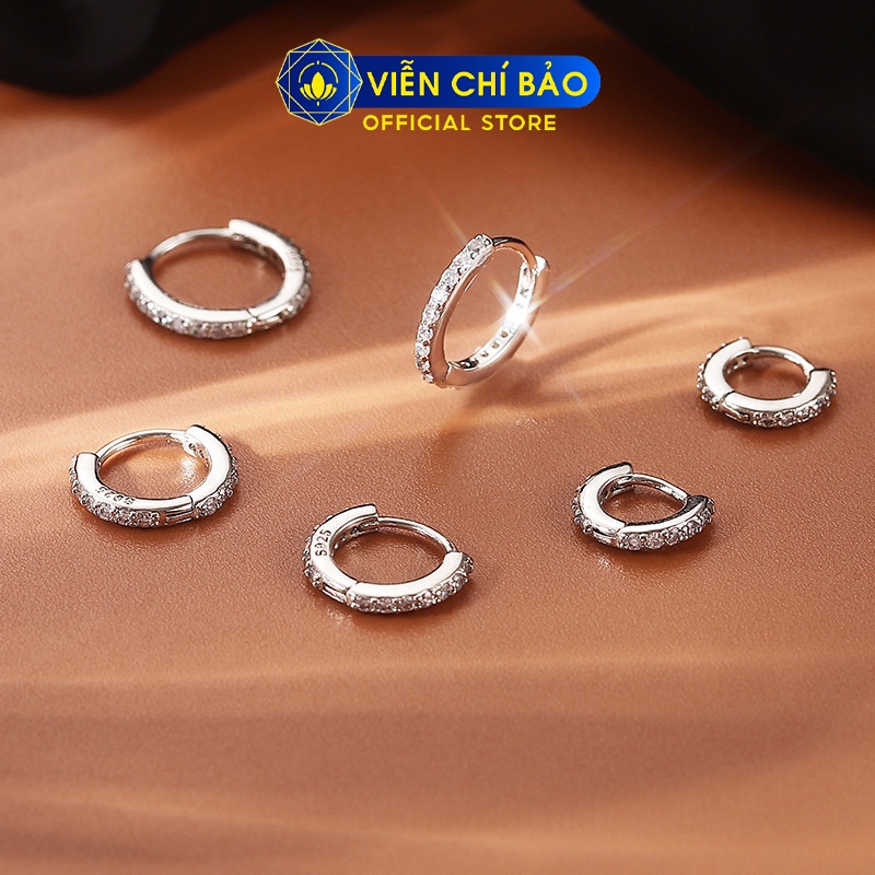 Bông tai bạc nữ hình vòng tròn đính đá Basic 14mm bạc 925 thời trang phụ kiện trang sức nữ Viễn Chí Bảo B400072x