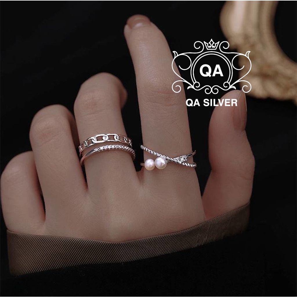 Nhẫn bạc hai tầng xích khảm dải đá nhẫn nữ đính đá S925 LAYER Silver Ring QA SILVER RI220101