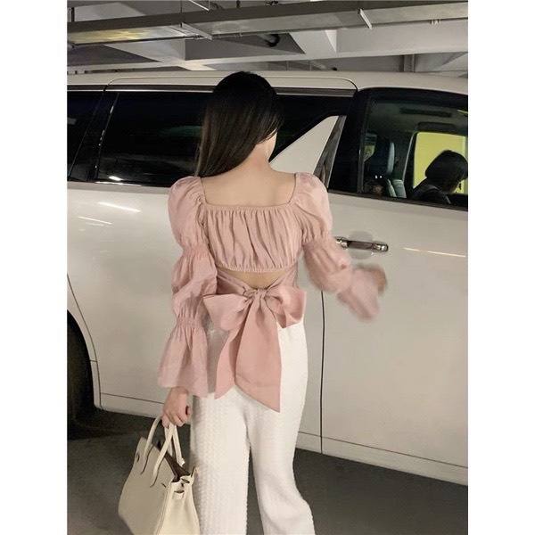 Áo Croptop Cổ Vuông Nhún Tay Nơ Lưng Bánh Bèo Xinh Xắn - AK0059 | steven.factory