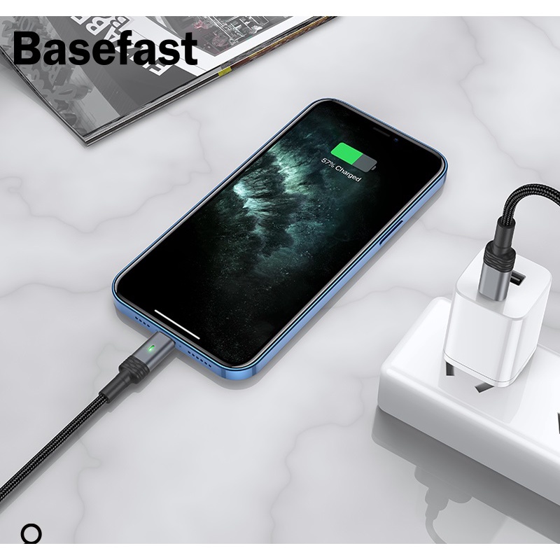 Cáp sạc IP 20W Tự ngắt điện khi đầy pin Basefast - Dây bọc dù báo đèn LED Type C to IP 11 12 13 14 Pro Max
